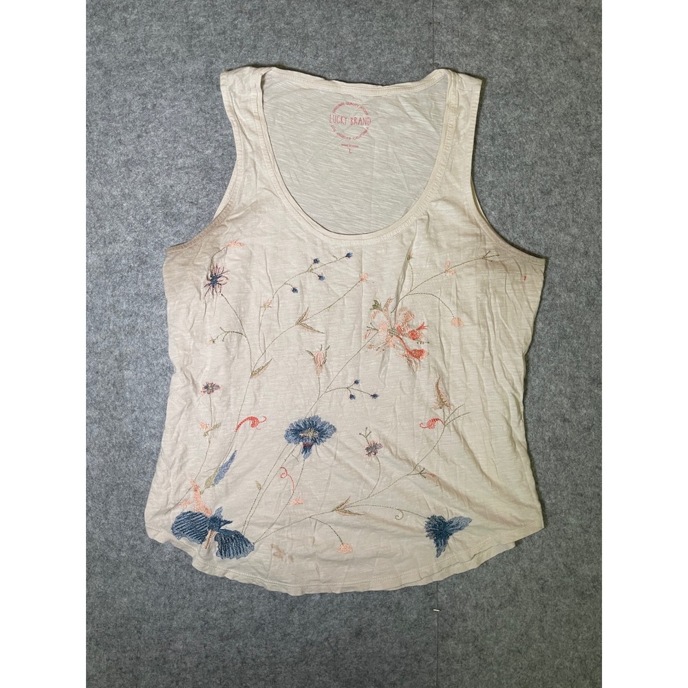 Lucky Brand Womens Large Beige Floral Embroidered Slub Knit Tank Top Scoop Neck